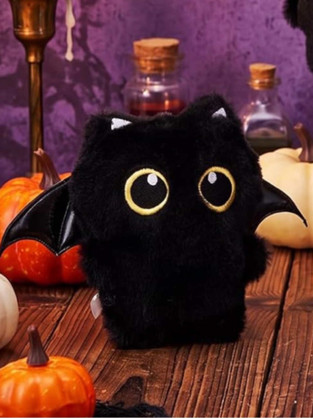 ๐โโฌ๐ NEW Black Cat Bat Wings Bag Charm Plush Fuzzy Eyes Kitty Y2K Kawaii Goth - Picture 12 of 12